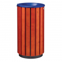 Poubelle pour collectivités en lames de bois et tête entonnoir acier bleu