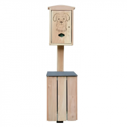 Borne de propreté canine en bois avec distributeur de sacs canin et corbeille sur poteau Borne de propreté canine en bois avec distributeur de sacs canin et corbeille sur poteau