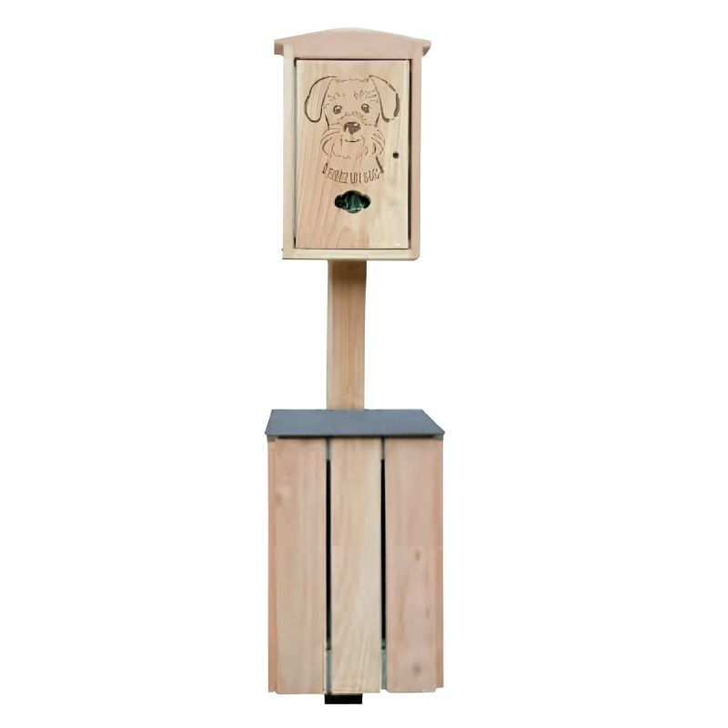 Borne de propreté canine en bois avec distributeur de sacs canin et corbeille sur poteau Borne de propreté canine en bois avec distributeur de sacs canin et corbeille sur poteau