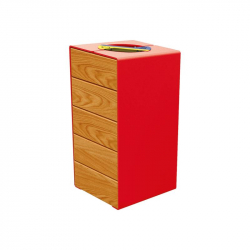 Poubelle publique de tri sélectif en bois chêne clair et acier coloris rouge