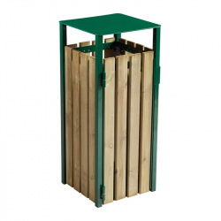 Poubelle parc public en bois et acier vert mousse, contenance 110 L Poubelle parc public en bois et acier vert mousse, contenance 110 L