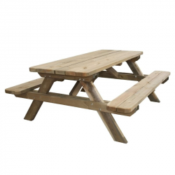 Table avec bancs en bois intégrés pour aire de repos extérieure Table avec bancs en bois intégrés pour aire de repos extérieure