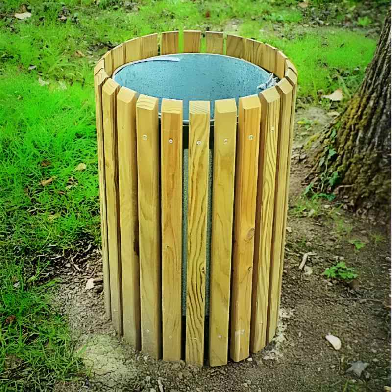 Poubelle publique en bois ronde